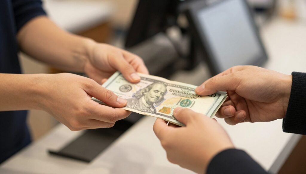 Dłonie przekazujące banknoty jako zapłatę za towar
