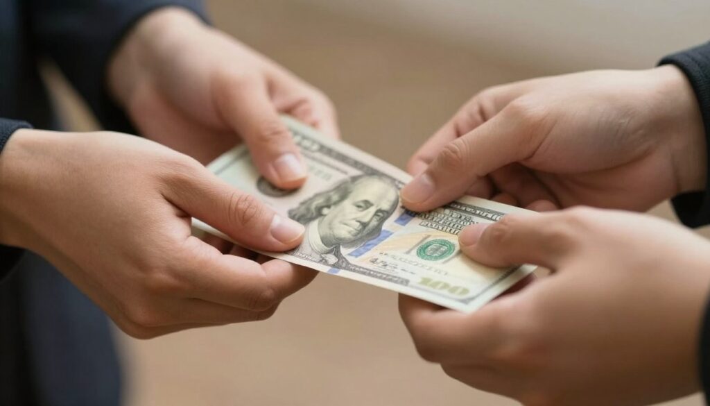Dłonie przekazujące banknoty z jednej ręki do drugiej