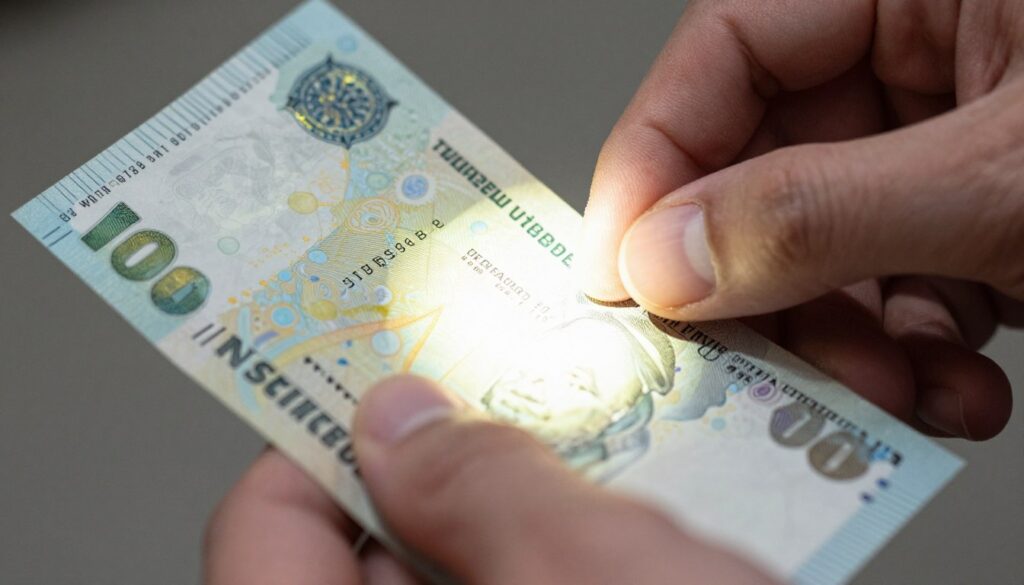 Dłonie sprawdzające autentyczność banknotu pod światło