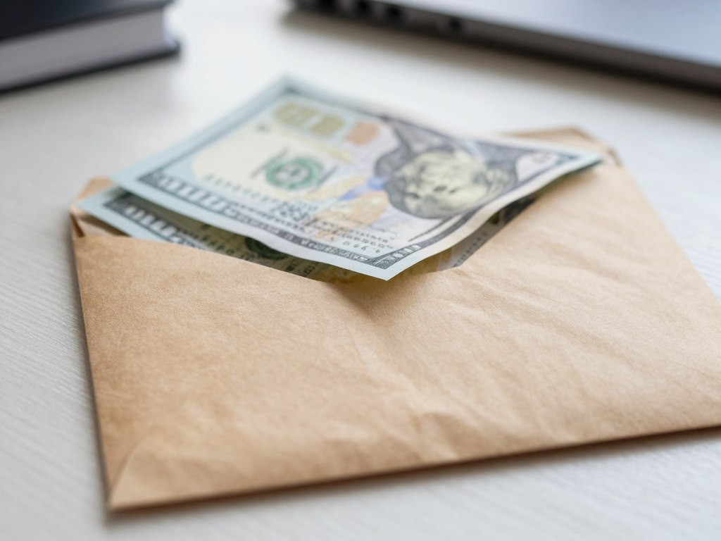 Koperta z wystającymi banknotami na stole
