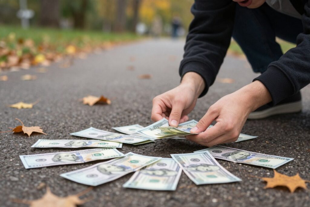 Osoba znajdująca banknoty na ziemi w parku