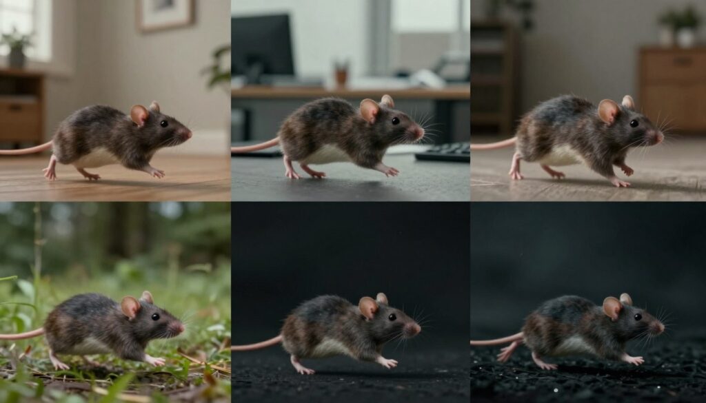 Różne scenerie z biegającymi szczurami symbolizujące różne konteksty snu Różne scenerie z biegającymi szczurami symbolizujące różne konteksty snu
